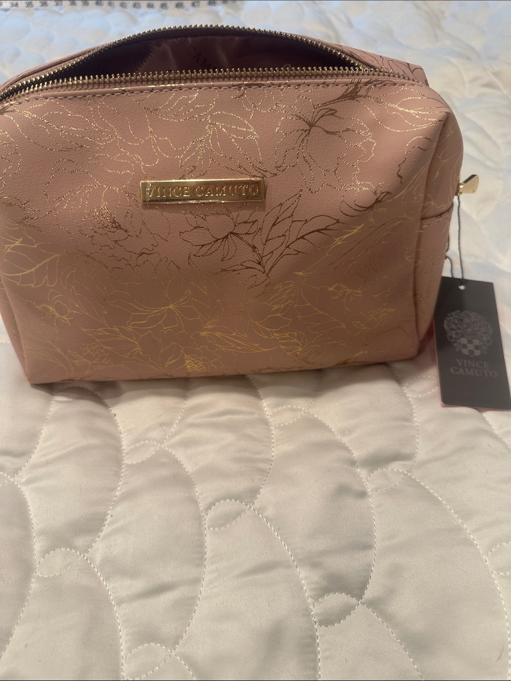 Vince Camuto Pink Metallic Floral Cosmetic Case